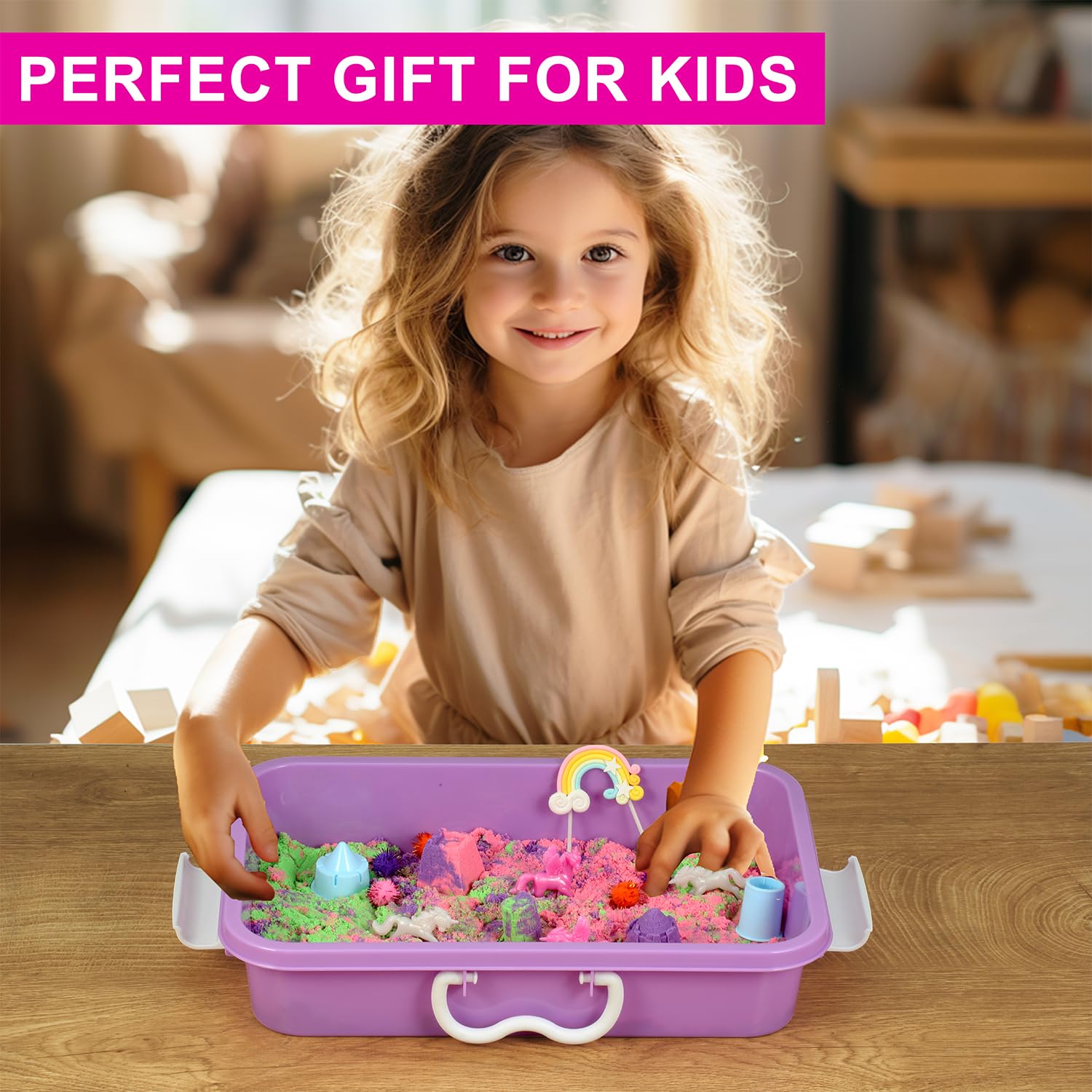 AGENTLAN Glitter pom poms add sparkle to unicorn sand world plays.