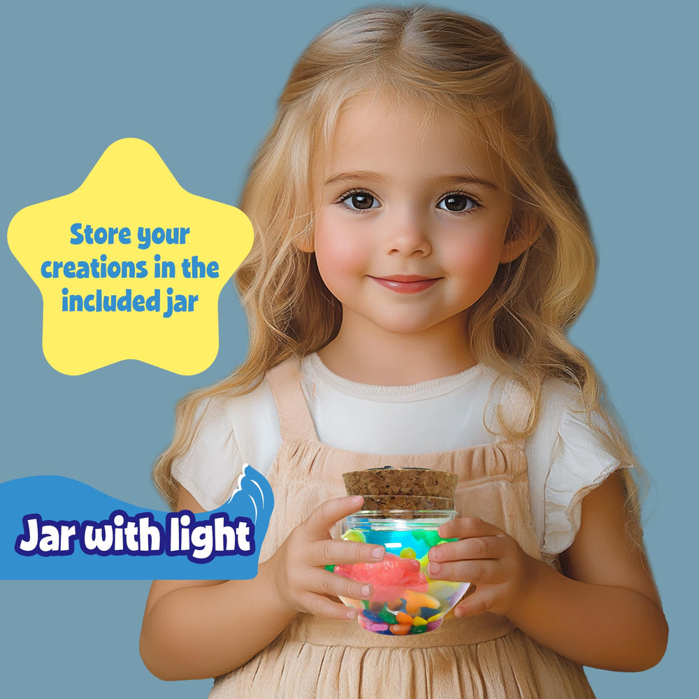 AGENTLAN glowing jar showcases finished jelly elves after playtime.