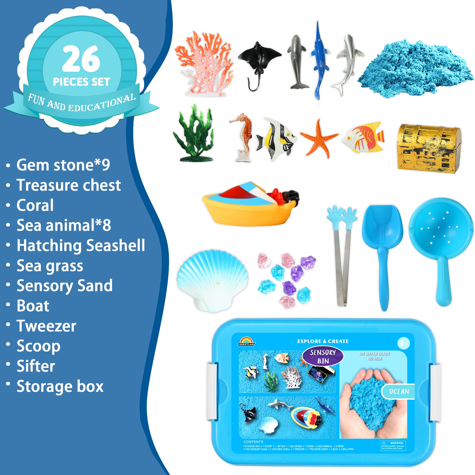 AGENTLAN Ocean Sensory Bin hatching seashell for discovery and exploration.
