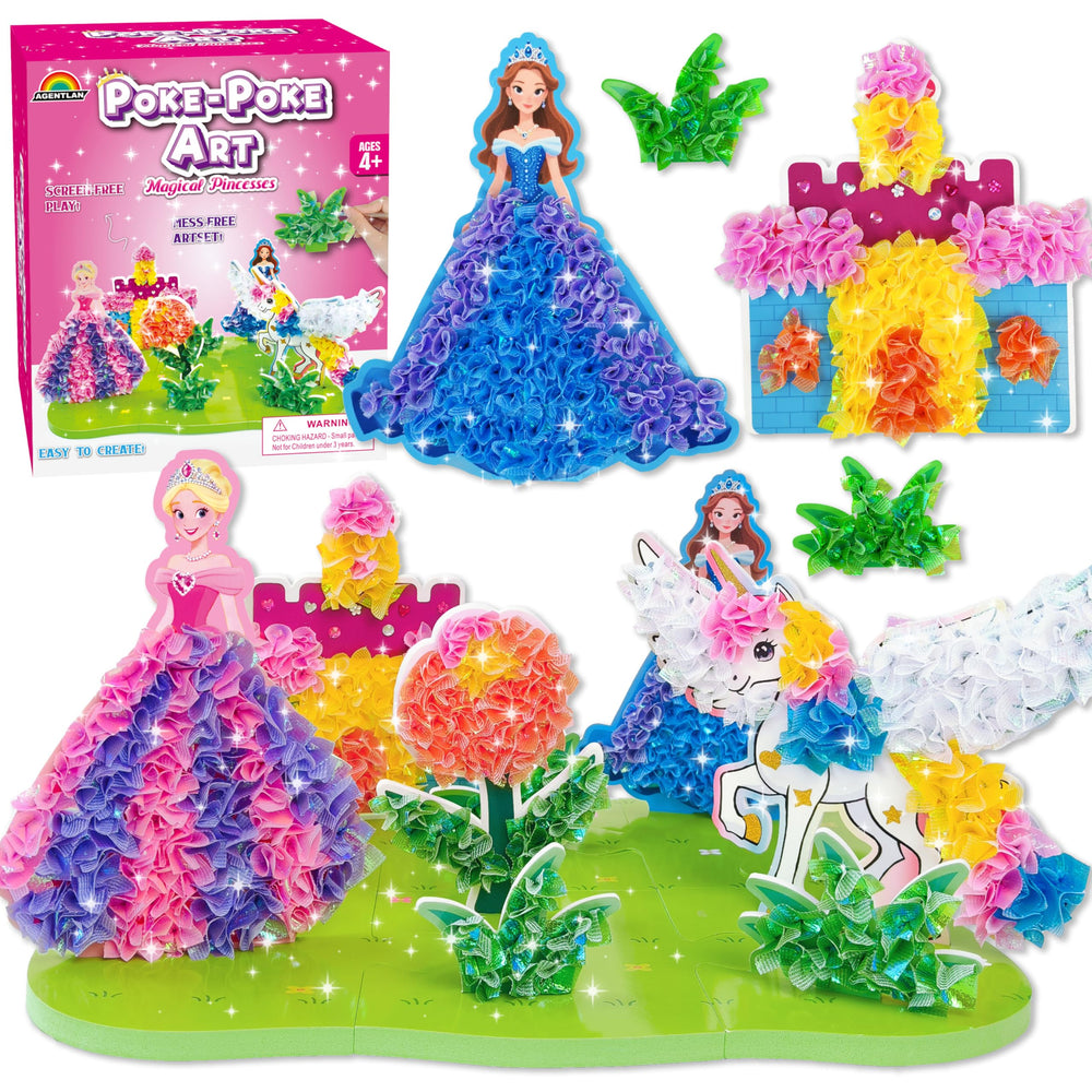 AGENTLAN Poke Art Princess Kit contents show a colorful, mess-free crafting setup for kids.