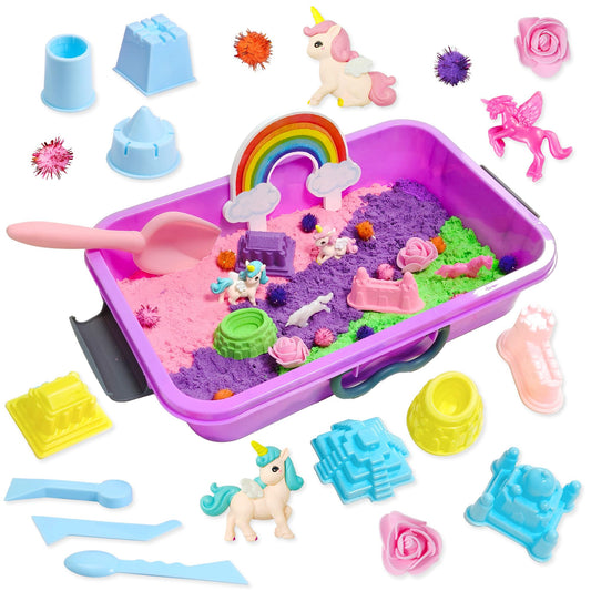 AGENTLAN Unicorn Sensory Bin cover keeps sand contained for mess-free play.