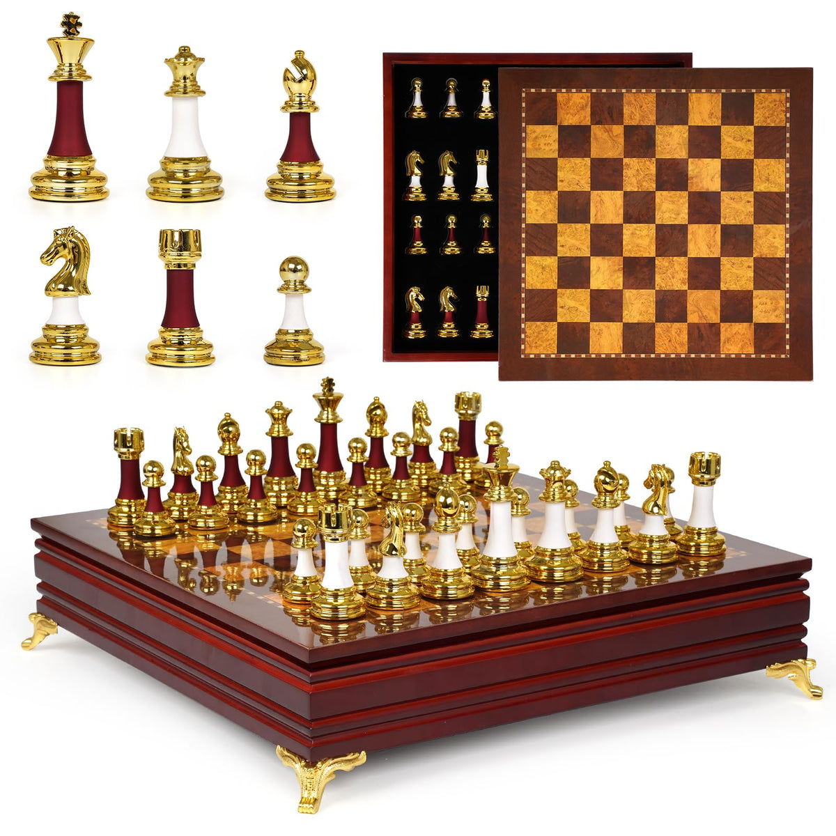 Agirlgle weighted zinc alloy chess pieces for balanced play on a wooden board.