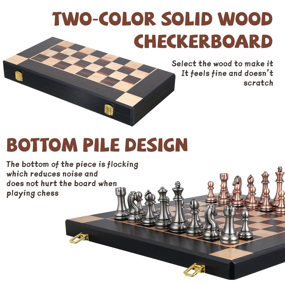 Agirlgle metal chess pieces in silver and bronze for durable play.