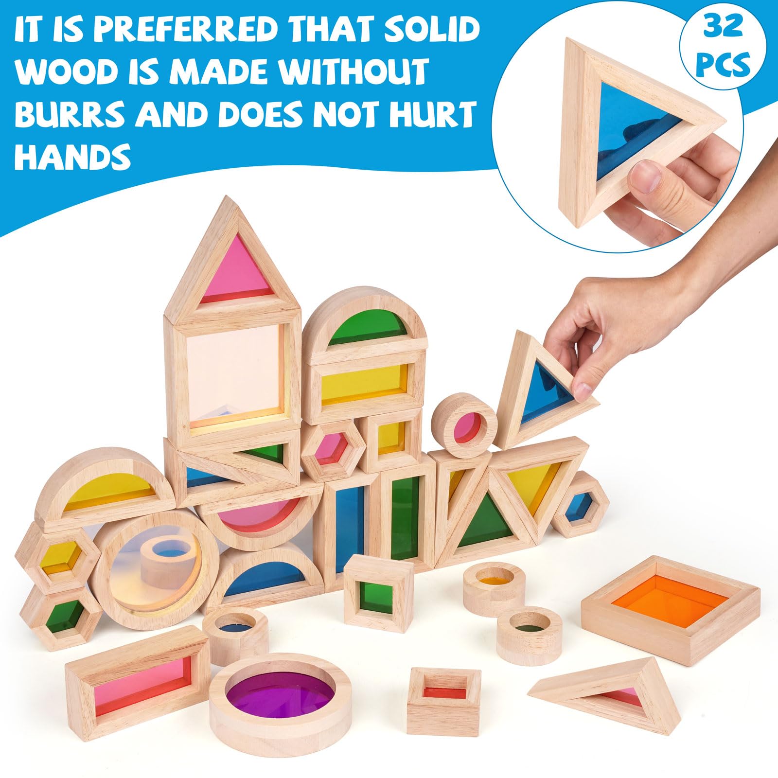 Agirlgle rainbow blocks demonstrate light transmission for colorful, captivating playtime.
