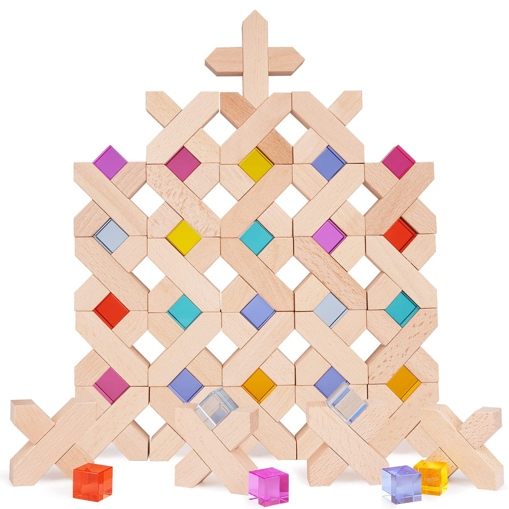 Agirlgle rainbow cubes assembly shows bright pieces encouraging color recognition and cooperative play.