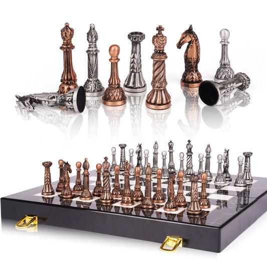 Agirlgle retro metal chess set with bronze-silver finish for elegant home play