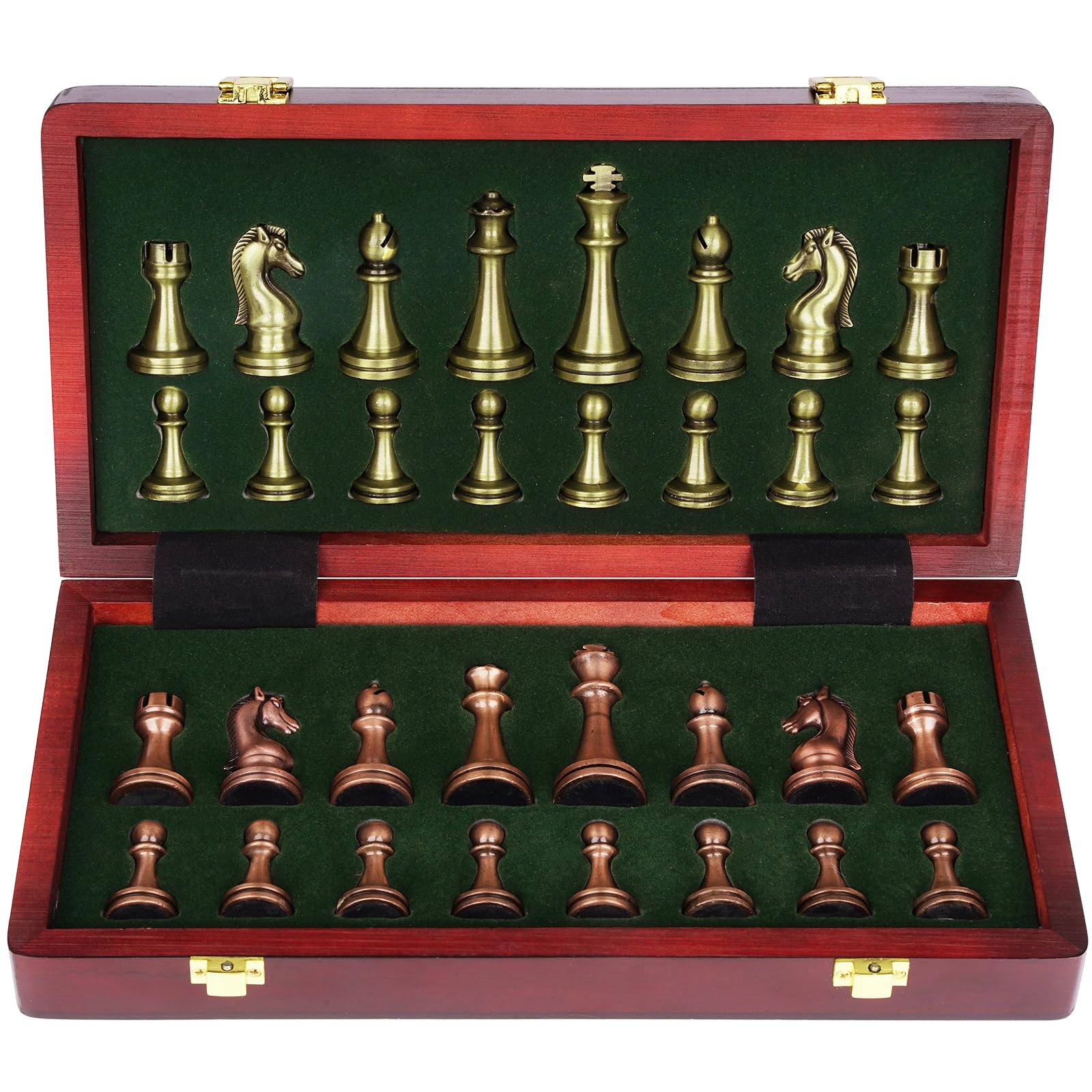 Agirlgle retro metal chess set with folding wooden board, ideal for portable play.