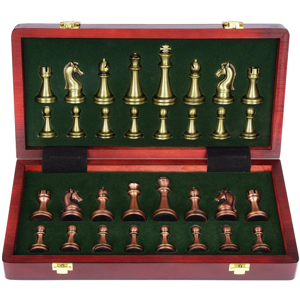 Agirlgle retro metal chess set with folding wooden board, ideal for portable play.