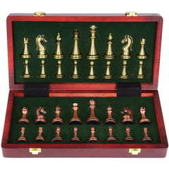 Agirlgle retro metal chess set with folding wooden board, ideal for portable play.