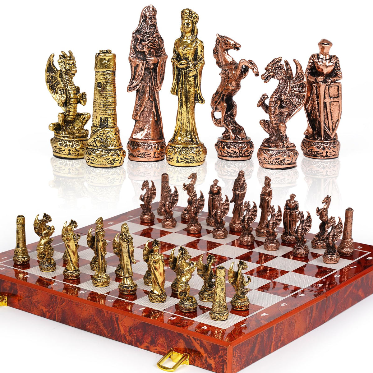 Agirlgle vintage chess set metal pieces displayed for collectors and display