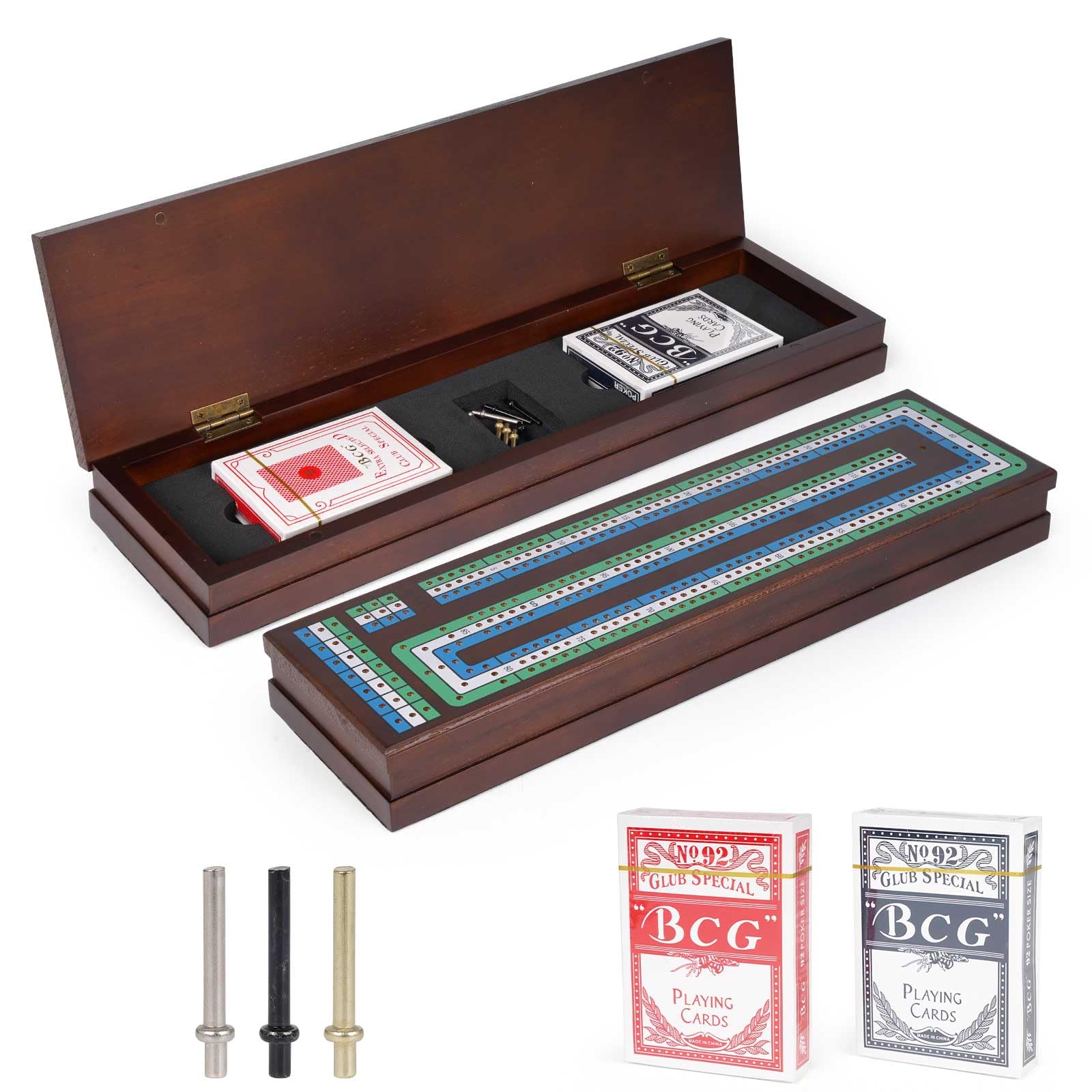 Agirlgle wooden cribbage board with three-track design for family game night.