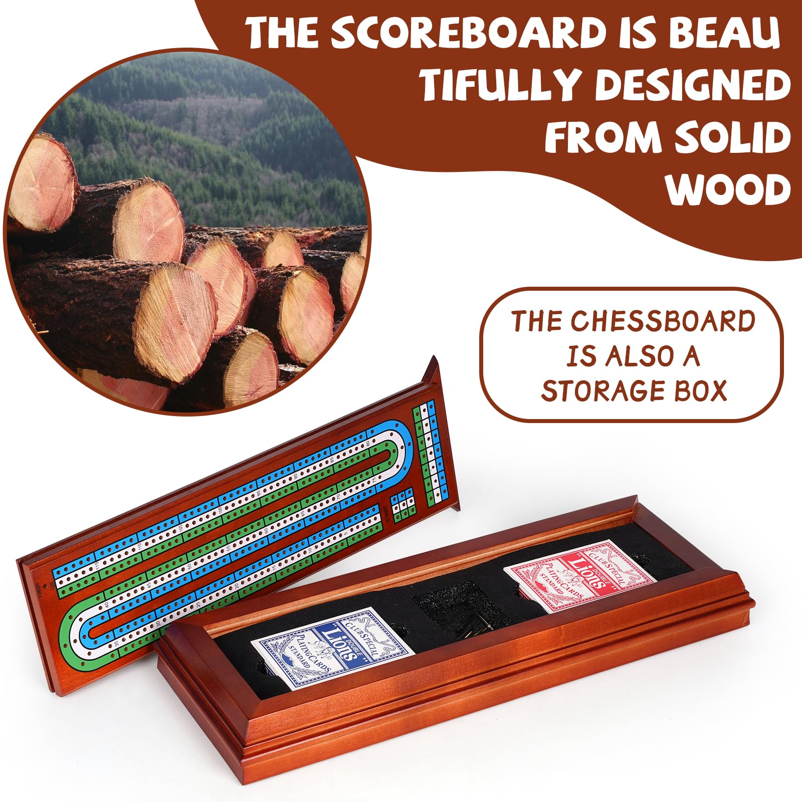 Agirlgle wooden cribbage board travel-compact ready for camping trips.