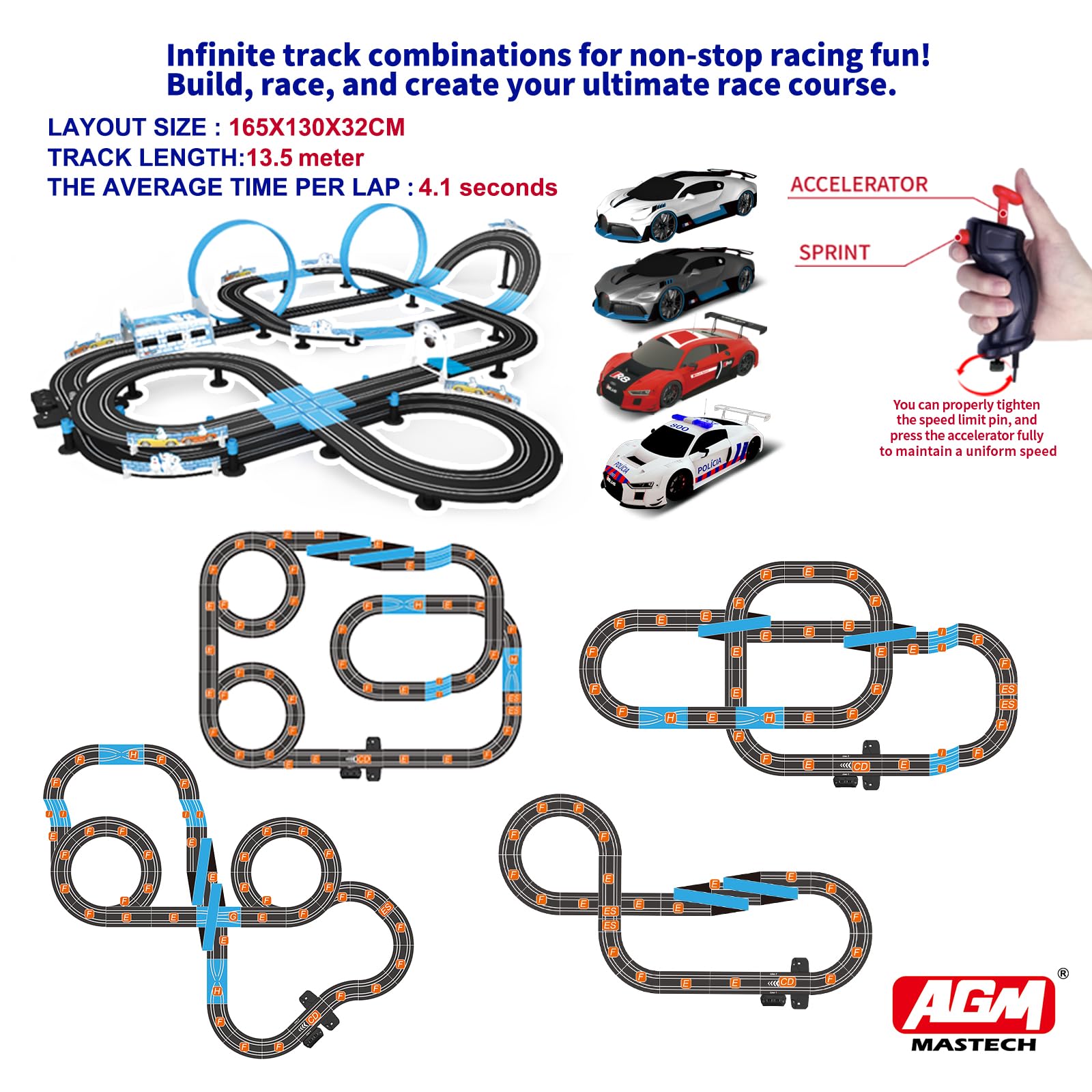 AGM MASTECH licensed slot cars with LED headlights for clear night racing
