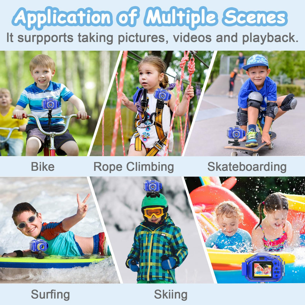 Agoigo Kids camera mounted on helmet, ideal for action play and travel.