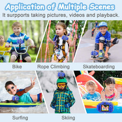 Agoigo Kids camera mounted on helmet, ideal for action play and travel.