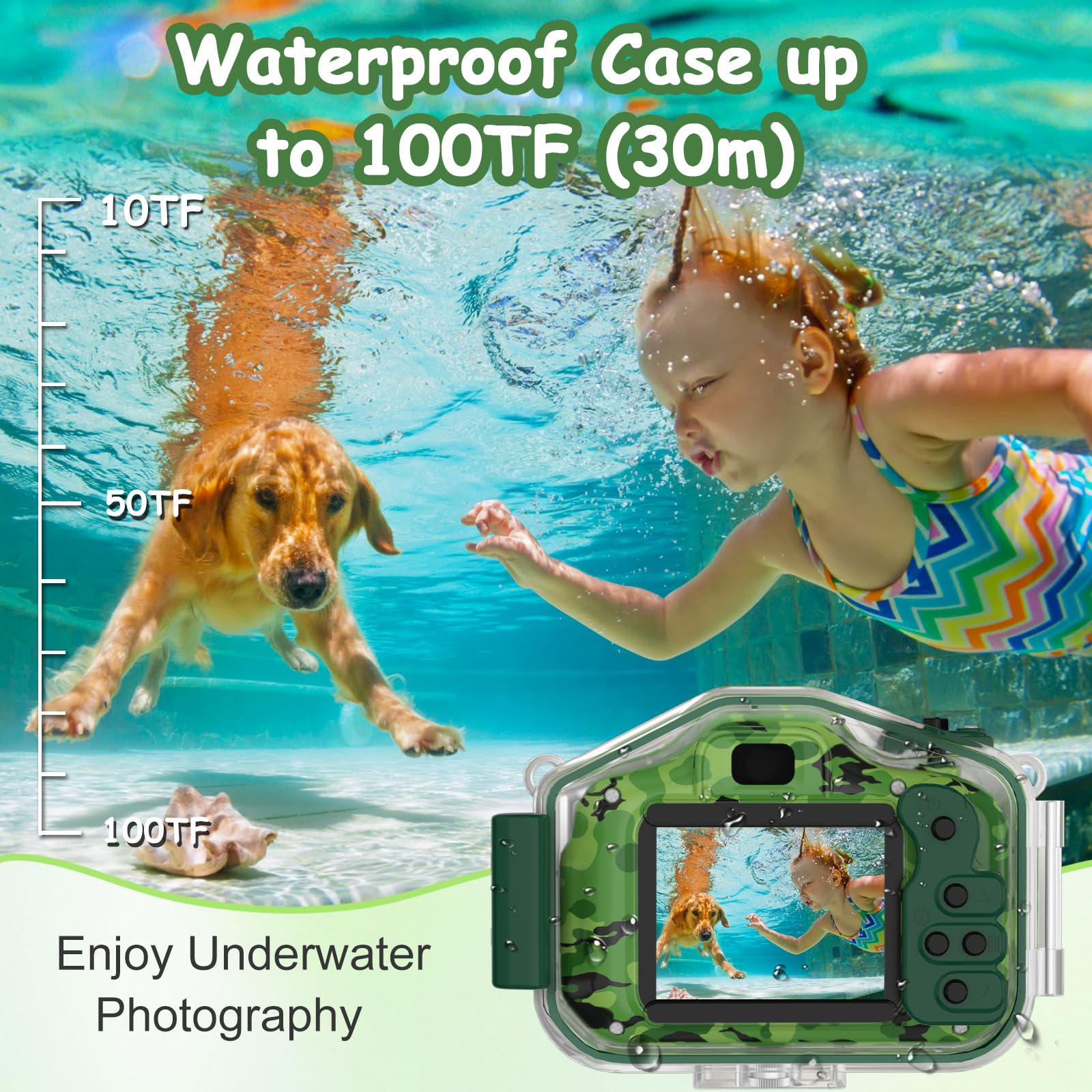 Agoigo Kids camera camo underwater case demonstrates protection during splashy adventures.