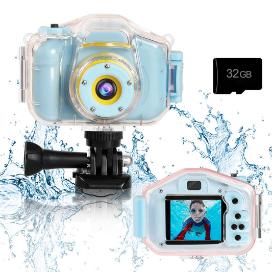 Agoigo Kids Waterproof Camera blue front view for durable family adventures