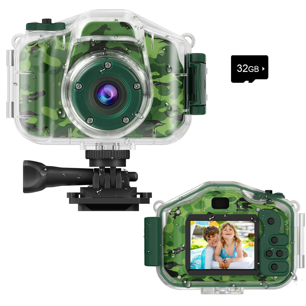 Agoigo Kids Waterproof Camera camo front view showcases a bold design for outdoor photography.
