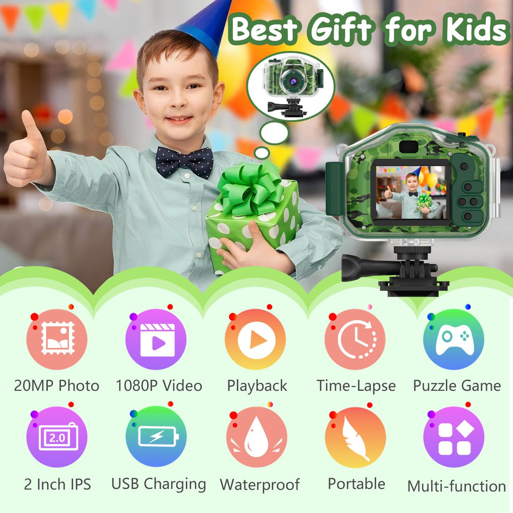 Agoigo kids camera camo side view highlights its compact, kid-friendly grip for small hands.