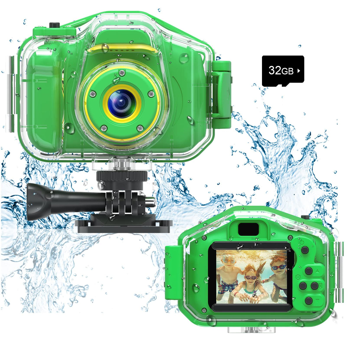 Agoigo Kids Waterproof Camera front view in green, ready for everyday adventures.