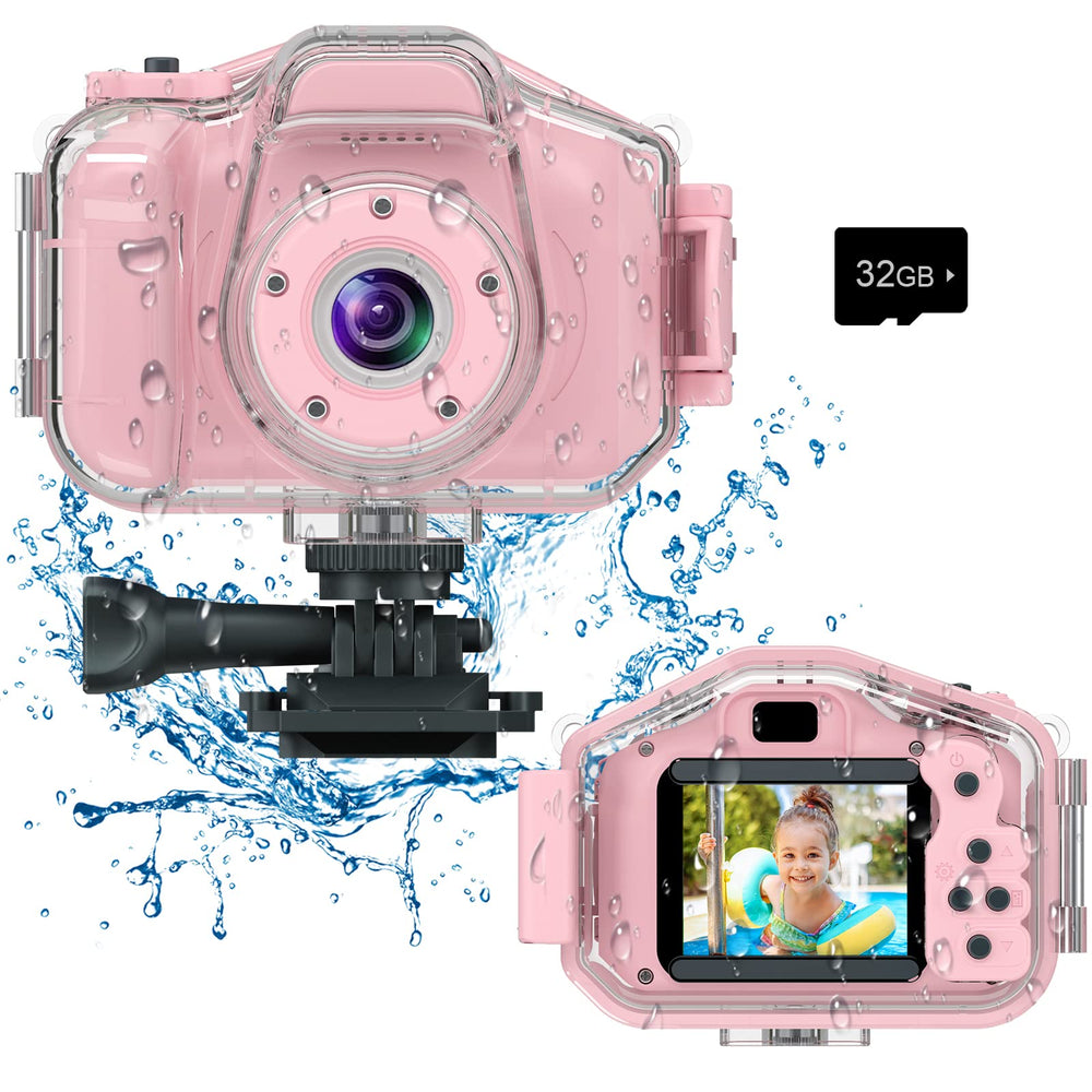 Agoigo Kids Waterproof Camera front view in pink, easy to grip for young explorers.