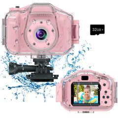 Agoigo Kids Waterproof Camera front view in pink, easy to grip for young explorers.