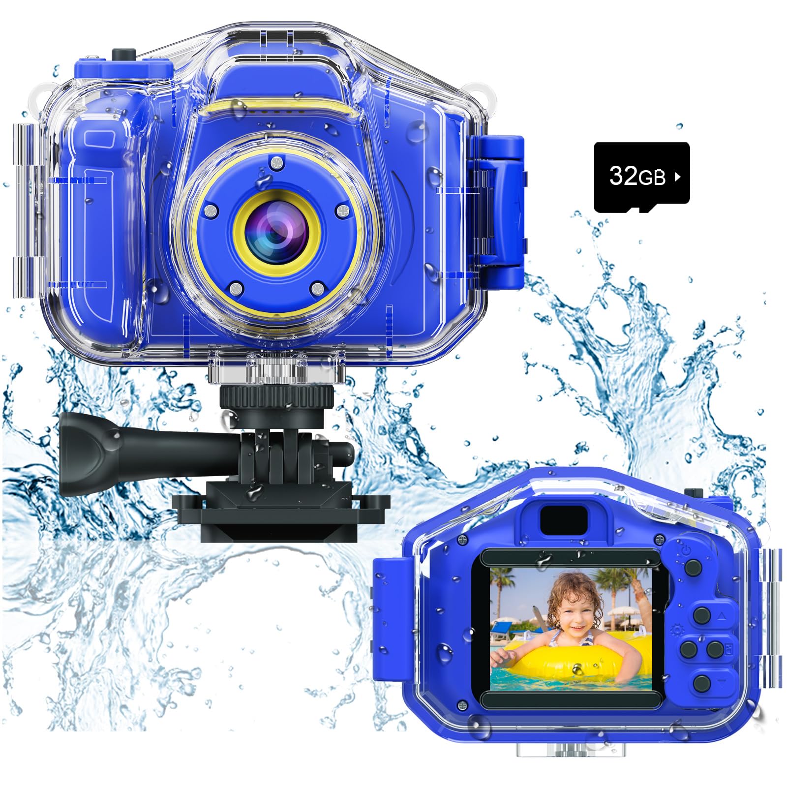 Agoigo Kids Waterproof Camera front view, compact and travel-ready for adventures.