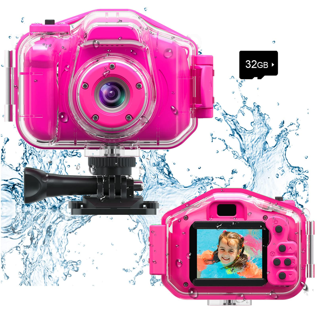 Agoigo Kids Waterproof Camera in Rose Red, front view for kid-friendly handling and creativity.