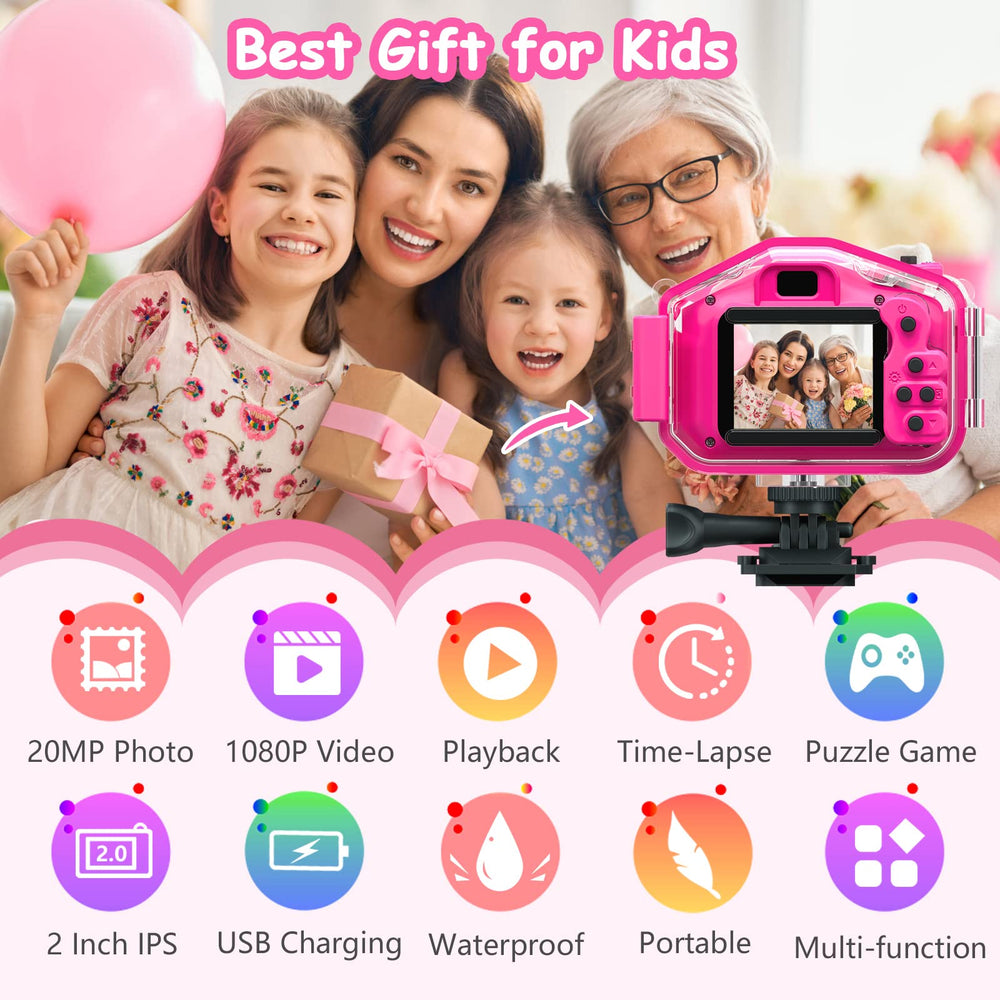Agoigo Kids Waterproof Camera Rose Red side view emphasizes portable, light design for travel.