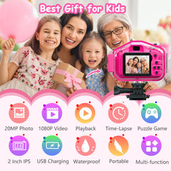 Agoigo Kids Waterproof Camera Rose Red side view emphasizes portable, light design for travel.