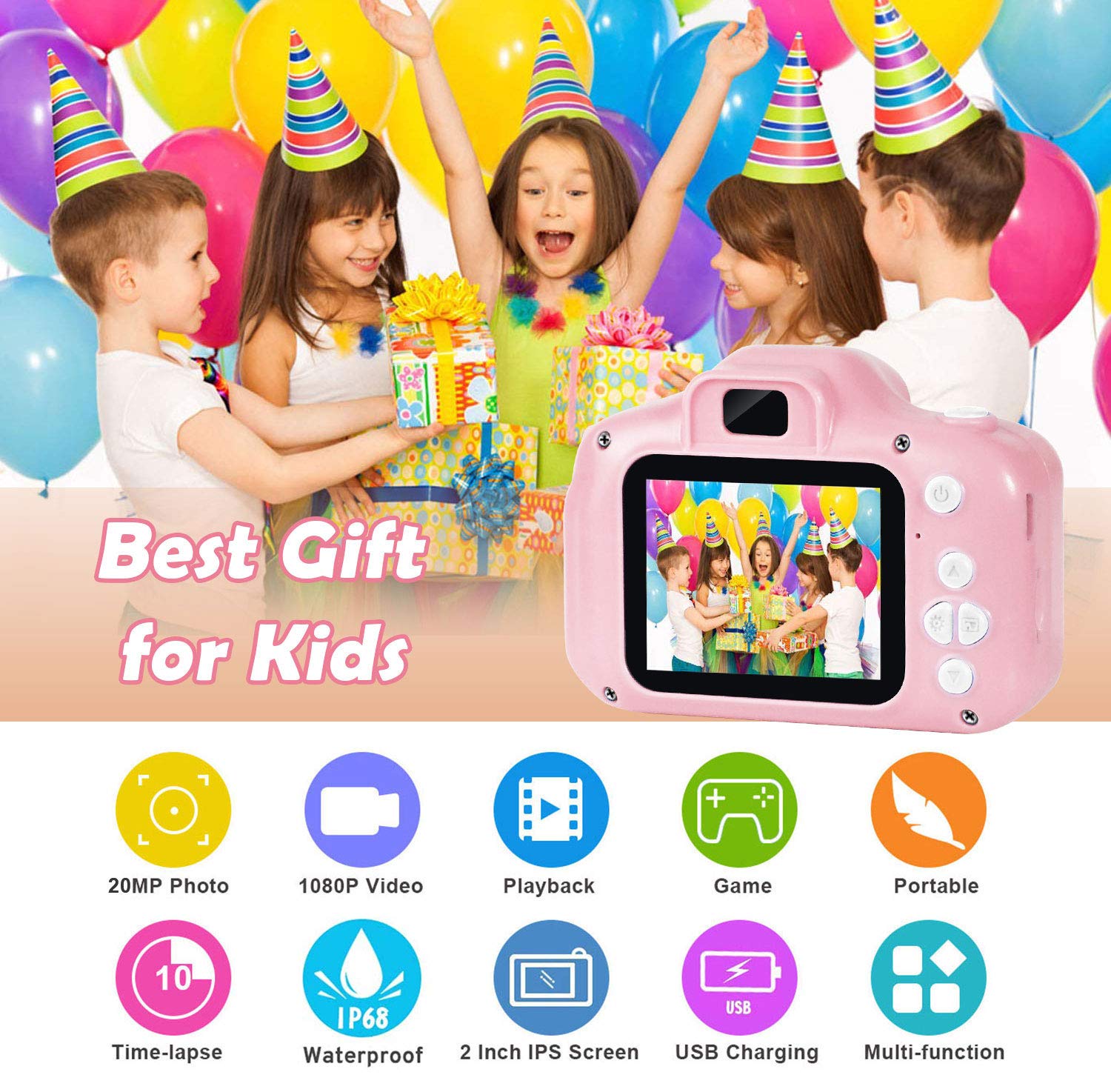 Agoigo Kids Waterproof Camera side view, compact and kid friendly design.