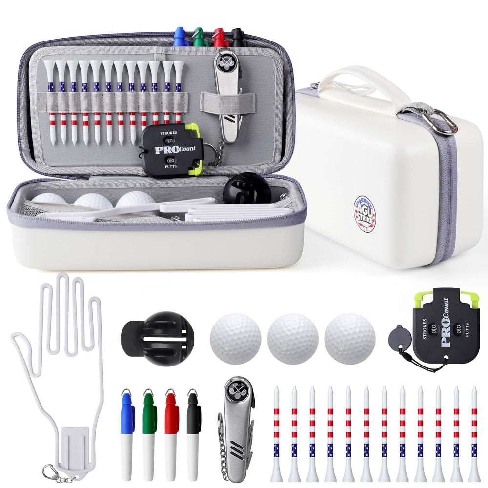 AGUstrike 23-piece golf kit case with sturdy handle for easy transport.