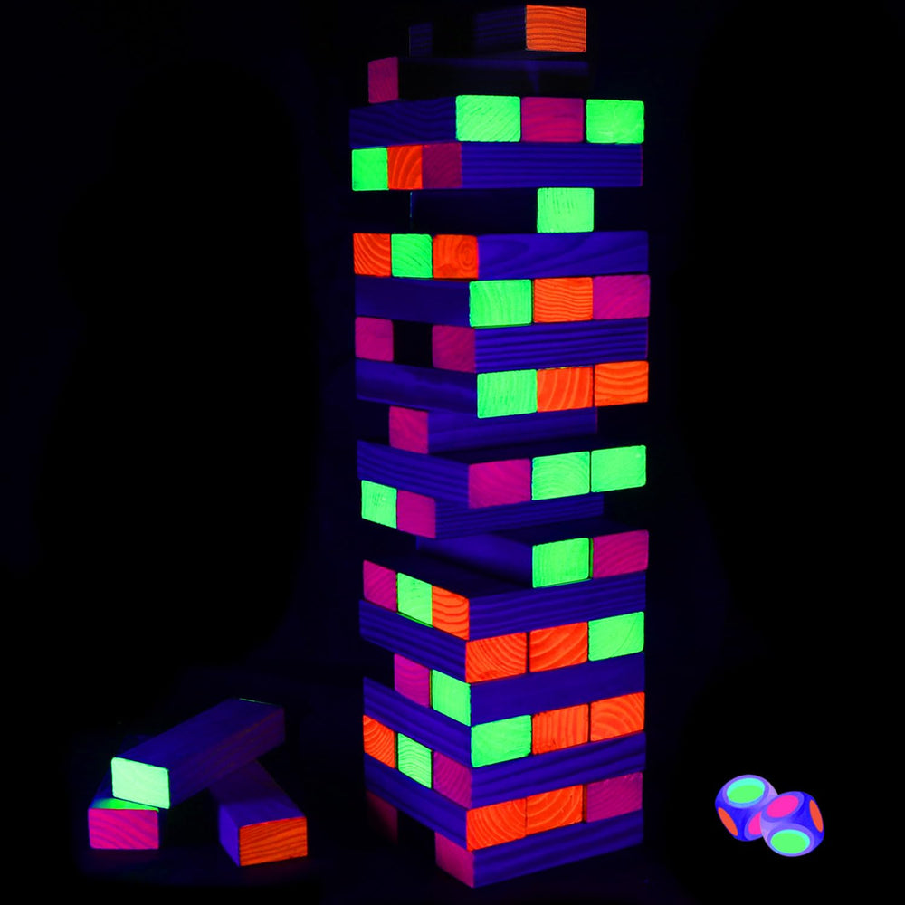 Ahuimeius glow tumble tower blocks ready for precise stacking and captivating glow, perfect for family game night.