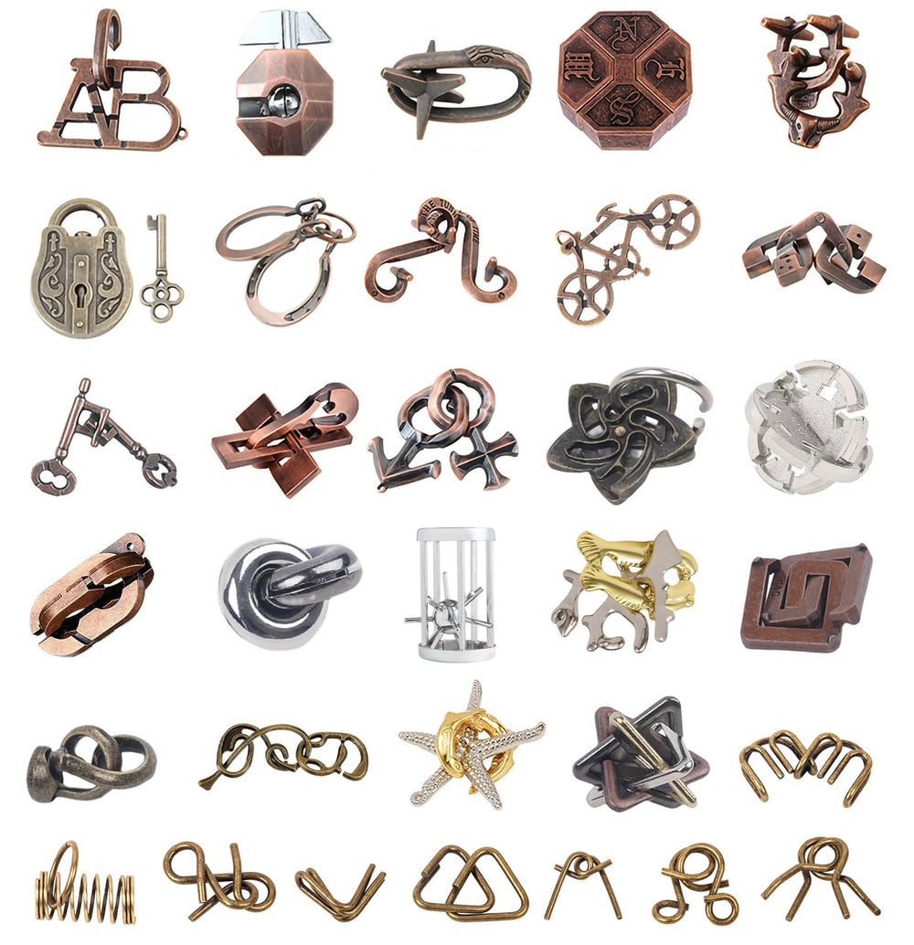 Ahyuan 32-piece metal brain teasers pack shot promoting problem-solving and focus
