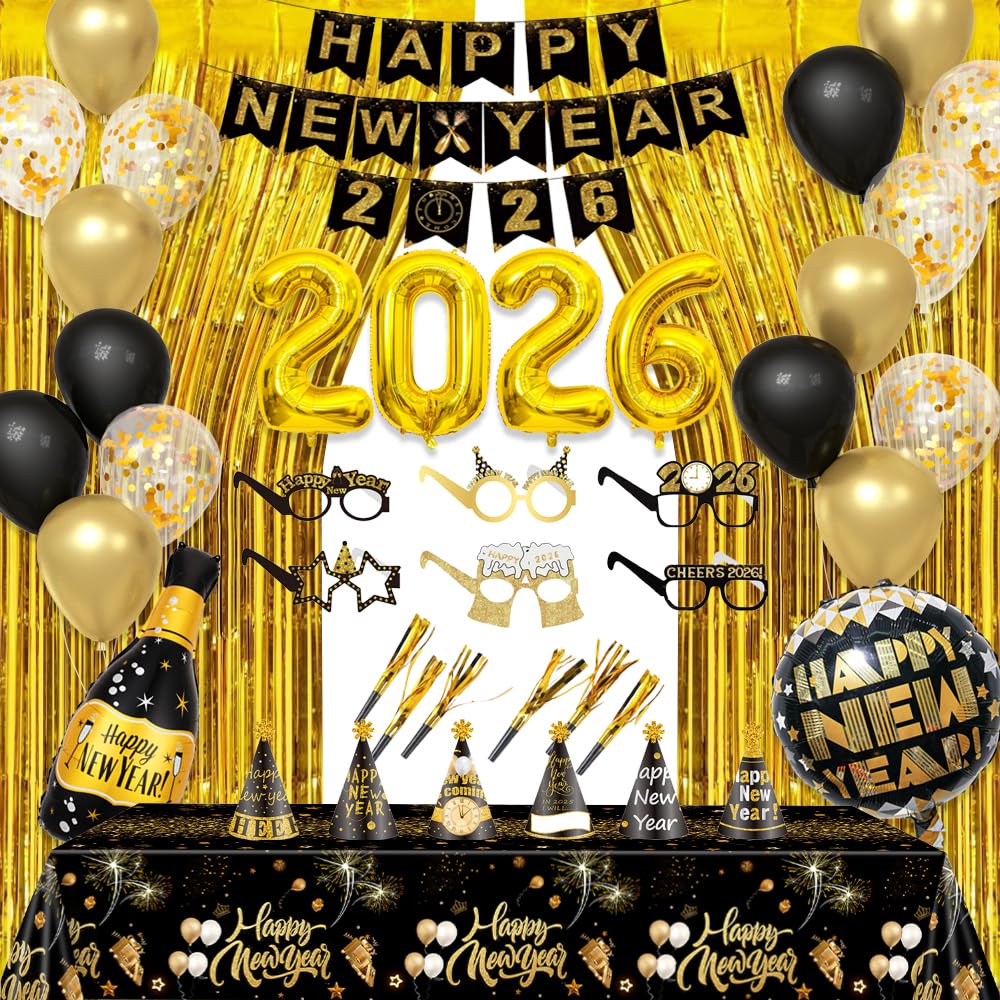 AIBIIN 90-pcs New Year balloons add festive black-gold glow.