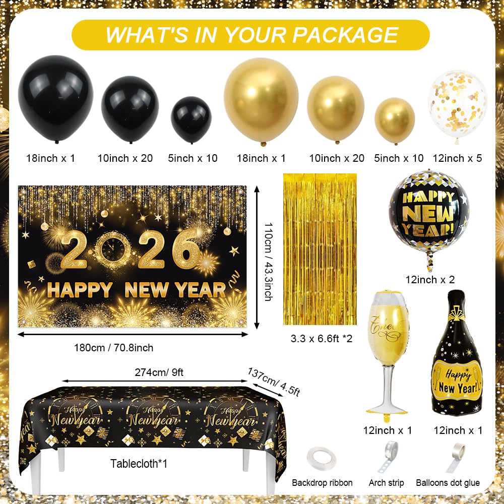 AIBIIN gold foil fringe curtain adds glamour to 2026 Eve backdrop.