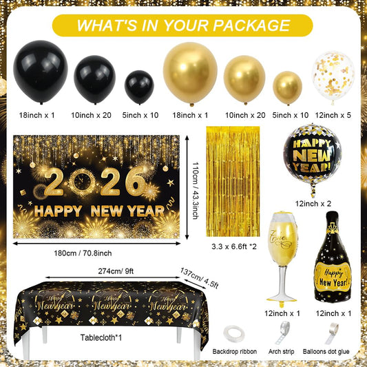 AIBIIN gold foil fringe curtain adds glamour to 2026 Eve backdrop.