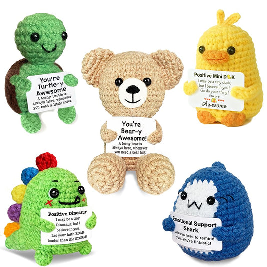 AicooFest bear crochet animal with positive message card for desk decor.