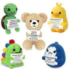 AicooFest bear crochet animal with positive message card for desk decor.