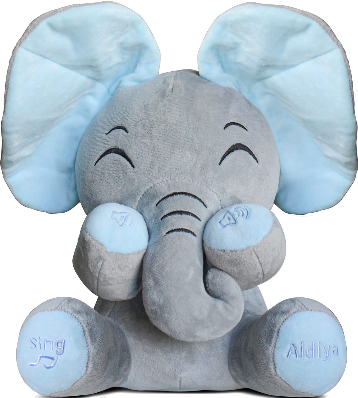 Aidiya blue elephant plush with singing mode engages babies during play.