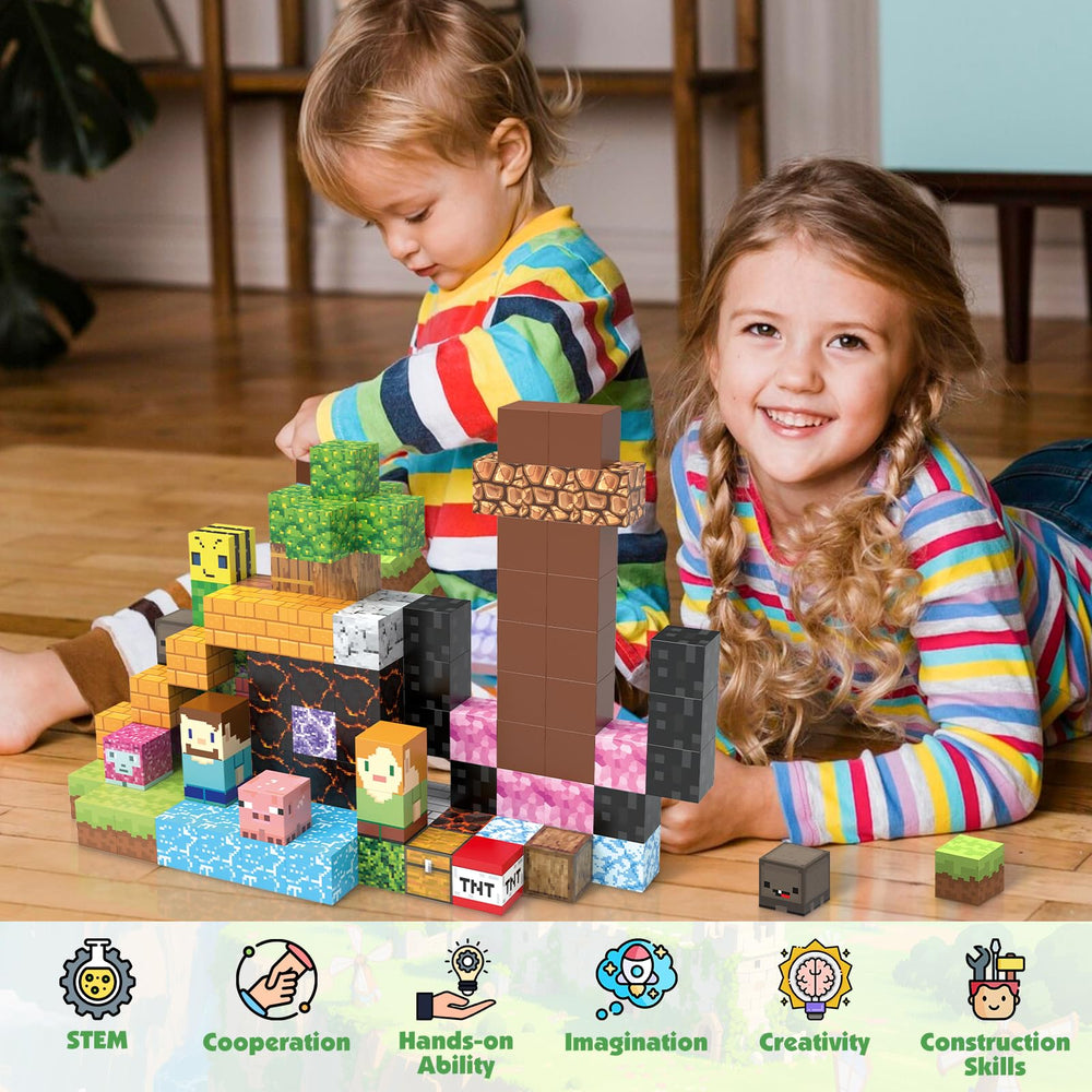 AIDYVOI magnetic blocks stacked into a tall tower during playtime.