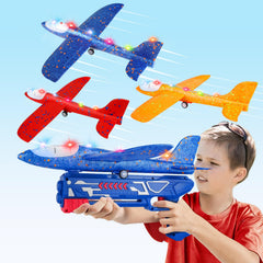 Aiencsai 3-pack blue glider plane with LED lights for day and night flying.