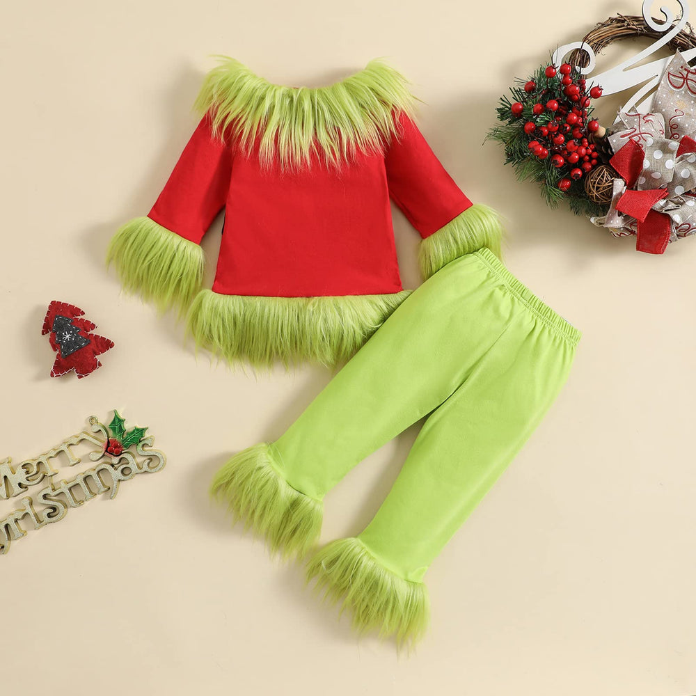 Aifawile toddler green Santa costume in holiday photos.