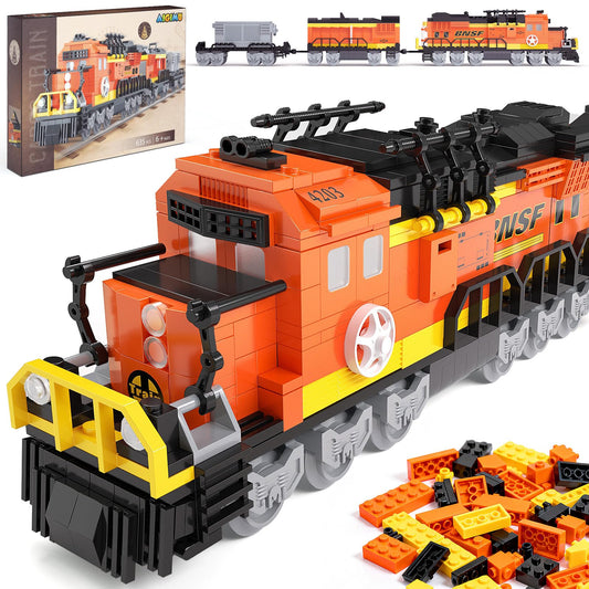 AIGIMU City Train Set assembly view showing realistic BNSF freight train design for STEM learning.