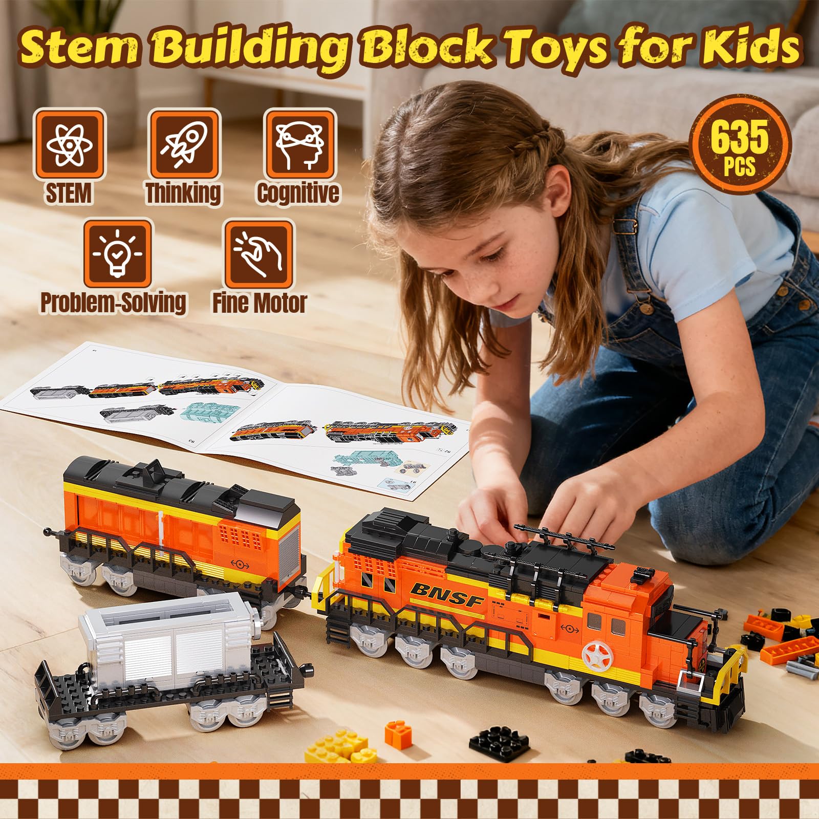 635-piece kit with color instructions promoting hands-on construction and thinking.