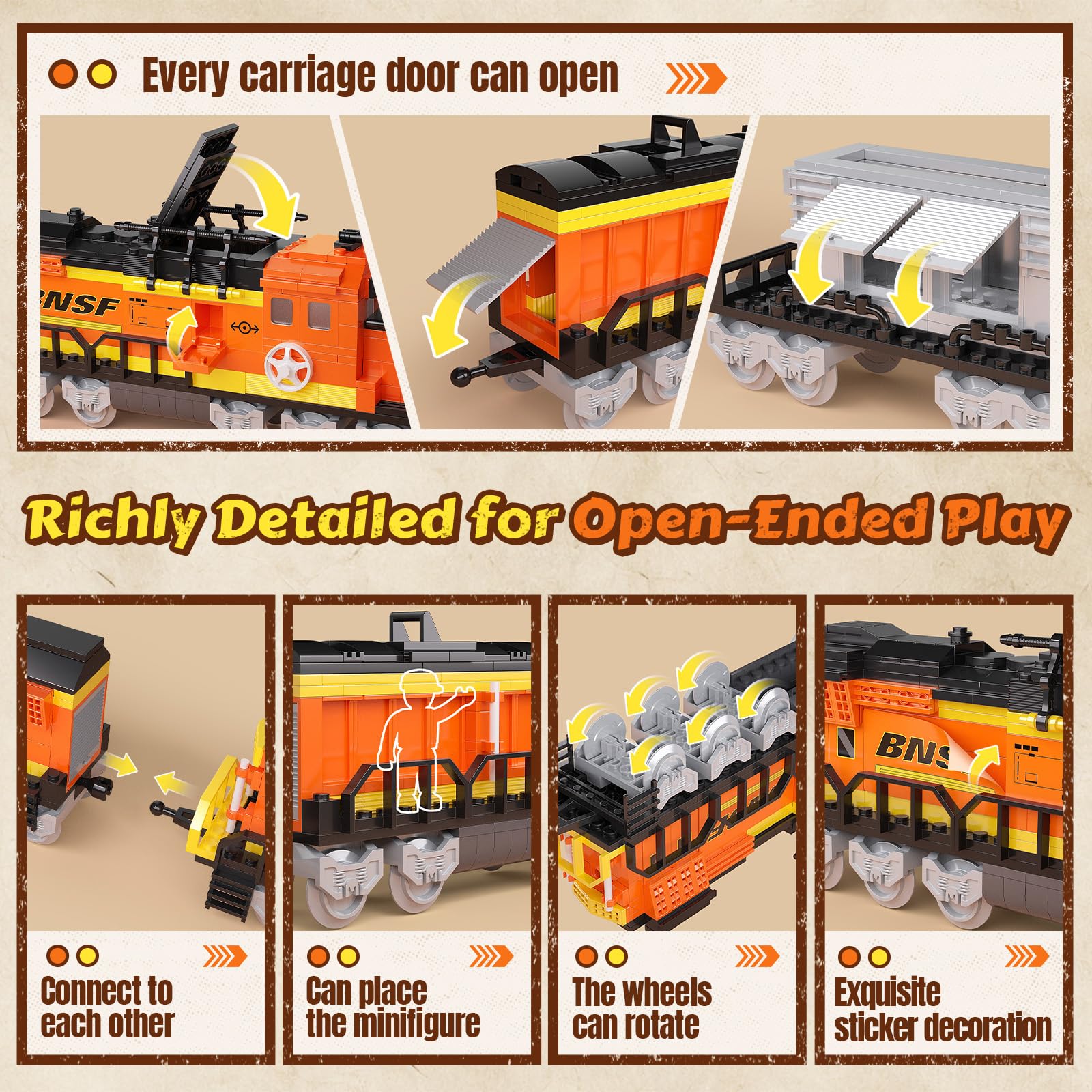 Conductor minifigures and driver seat enabling engaging role-playing scenarios.