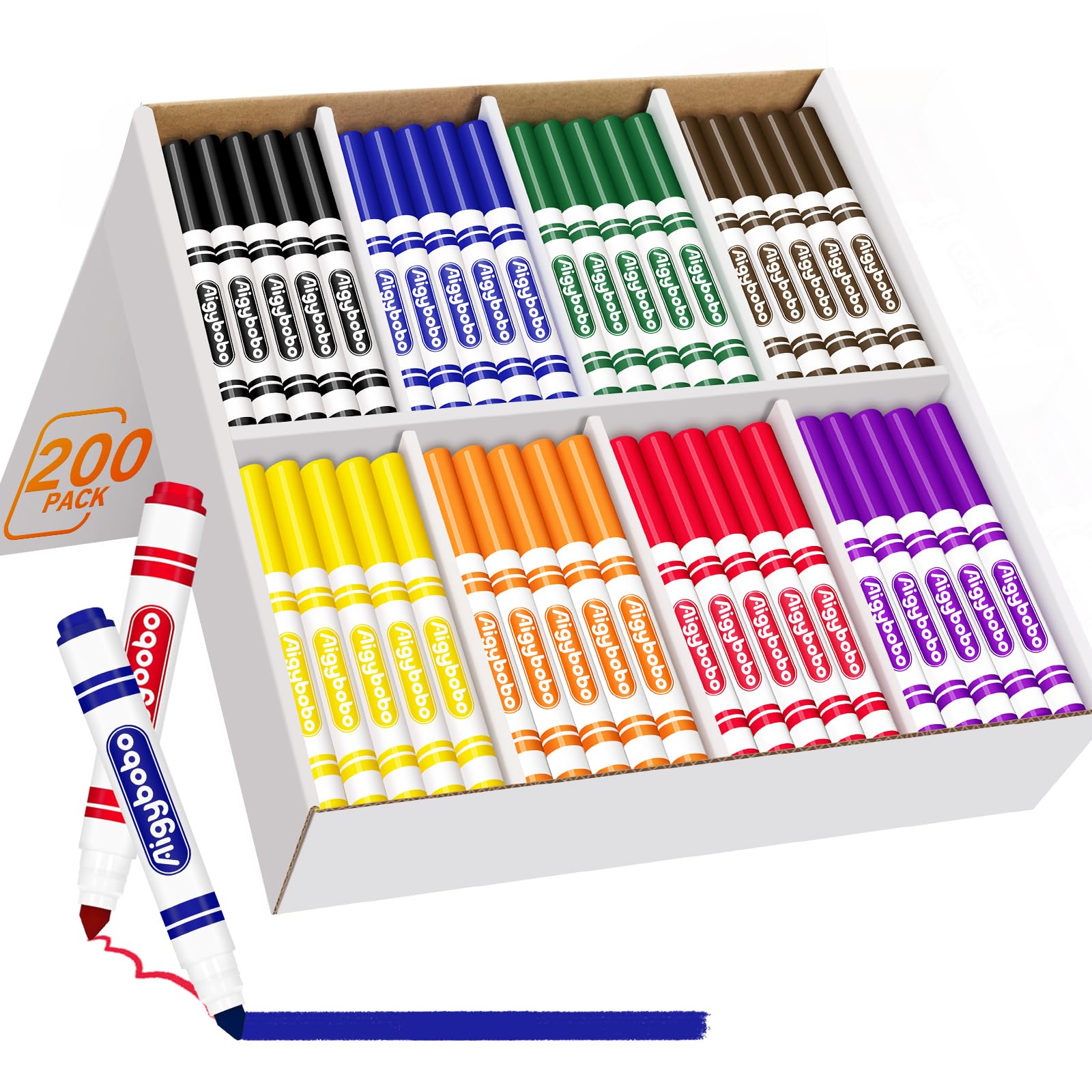 Aigybobo 200 Count Washable Markers Bulk – 8 Colors, Broad Line Conica ...