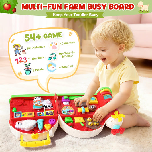 Aigybobo farm busy board buttons and slides stimulate tactile exploration.