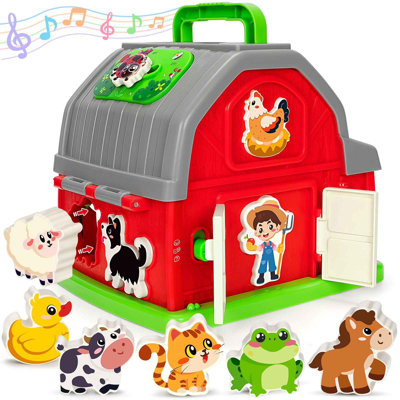 Aigybobo Montessori musical farm barn with open roof for easy access.