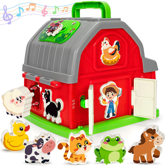 Aigybobo Montessori musical farm barn with open roof for easy access.